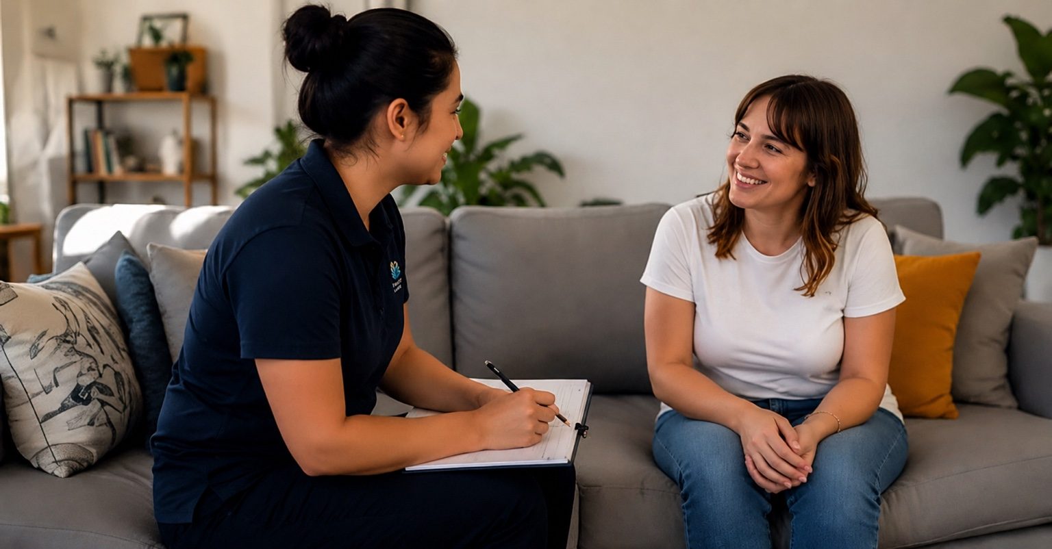 Participant and support worker sharing a calm conversation at home