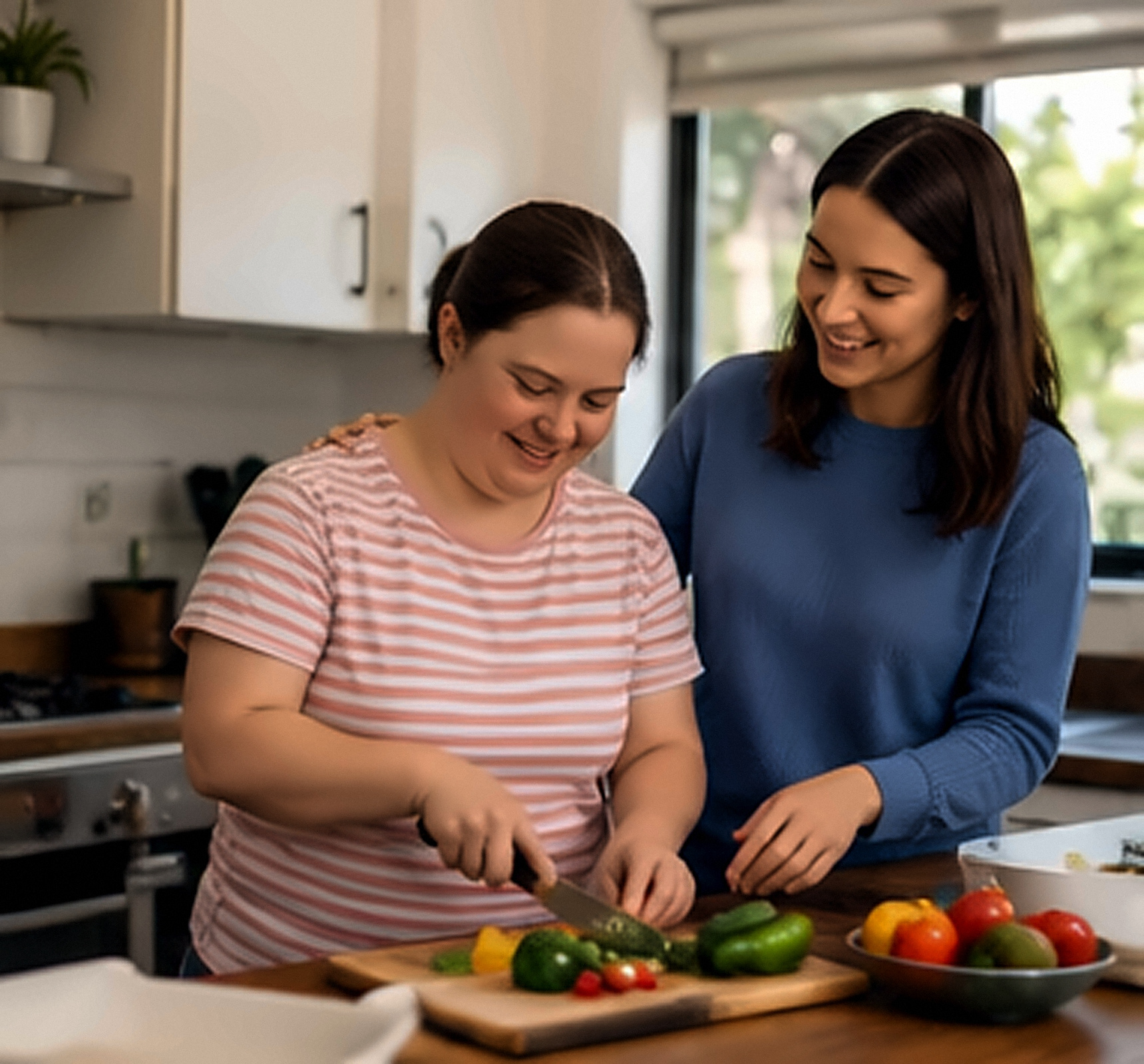 Participant and support worker connecting over coffee during a community access outing