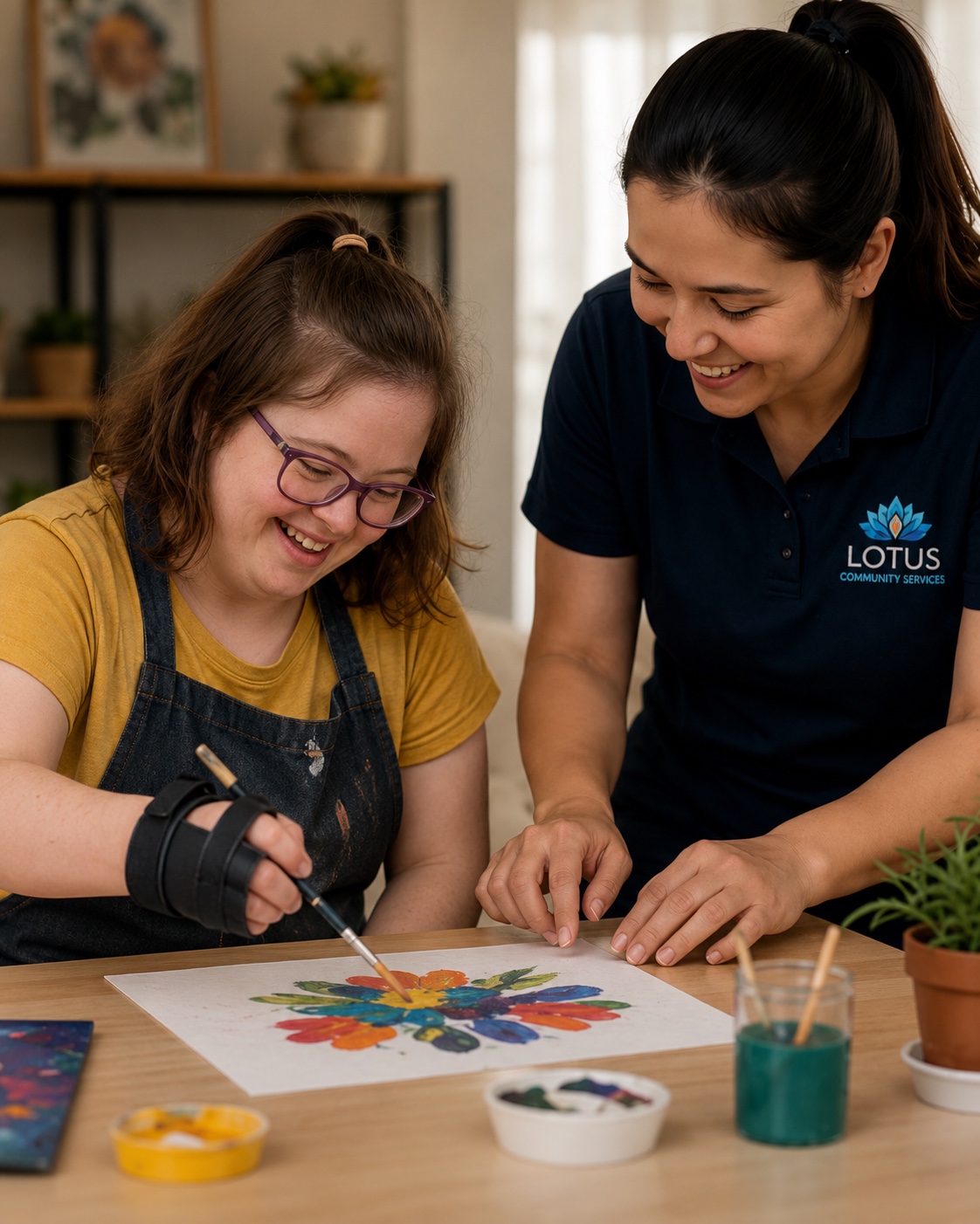 Support worker listening during a calm goal planning conversation at home