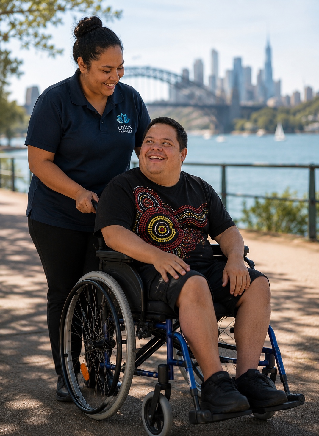 Participant and support worker sharing a calm community outing near Sydney Harbour