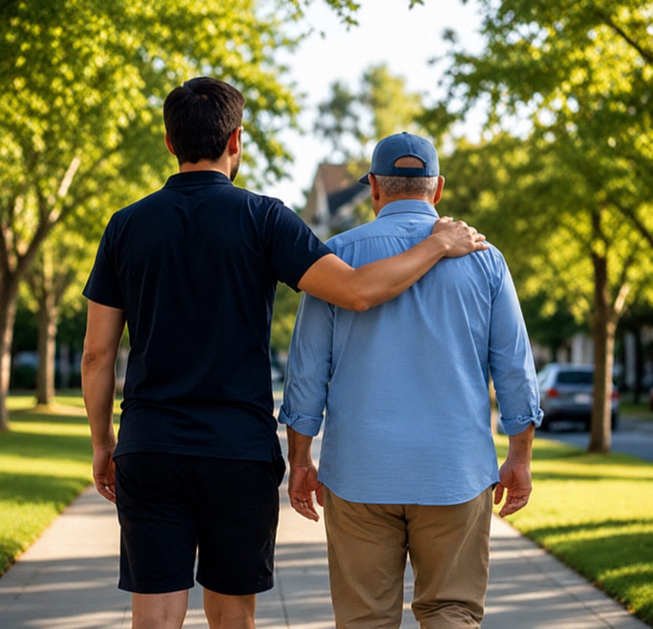 Support worker and participant walking along the beach in the community